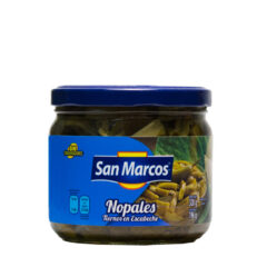 Sliced Prickly pear flat paddles of the cactus – nopalitos in a jar, vegetarian. Perfect topping for many dishes like salads, fajitas, pizza, tacos.
