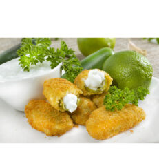 Green Jalapeno halves stuffed with cream cheese and lightly breaded. Spicy and cheesy poppers that stand out. Ideal for vegetarians.