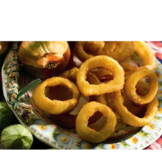 Irresistible batter fried onion rings with a gold, crunchy crust on the outside and a sweet and soft feeling on the inside. Ideal starter snack to whet your appetite.